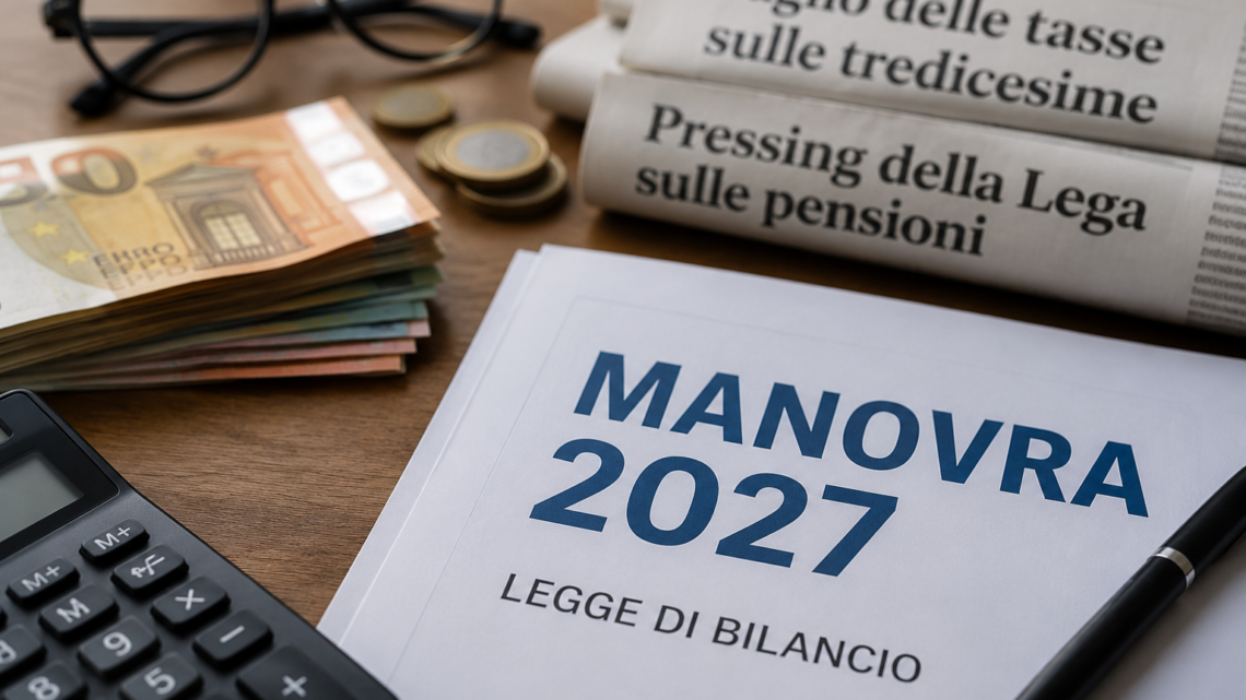 Un documento intitolato Manovra 2027 Legge di Bilancio appoggiato su un tavolo accanto a una calcolatrice, banconote in euro, monete, occhiali e giornali con titoli economici.